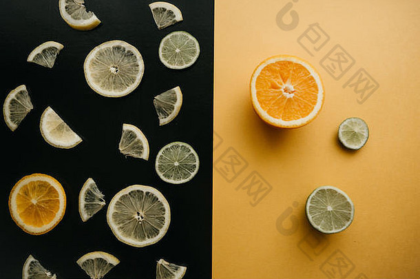 柑橘<strong>类</strong>黑色的黄色的背景片柠檬橙色石灰谎言很多水果维生素健康的<strong>零食</strong>