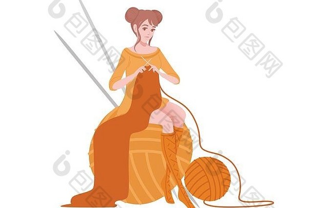 可爱的女人坐着大橙色球羊毛针织针平摘要插图孤立的白色背景