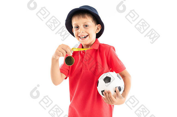 高加索人少年男孩赢家足球竞争图片孤立的白色背景