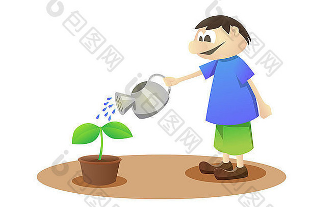 微笑男孩浇水年轻的植物