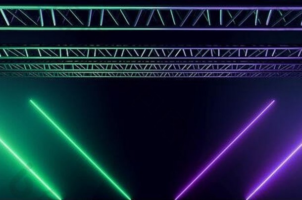 黑暗现代科幻未来主义的霓虹灯发光的绿色紫色的三角形形状的灯管俱乐部阶段空空间黑色的背景renderin