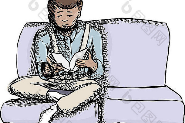 草图拉美裔男孩沙发阅读书