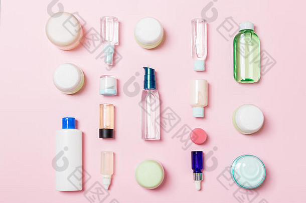 集团塑料身体护理瓶平躺作文化妆品产品粉红色的背景空空间设计集白色化妆品乔克