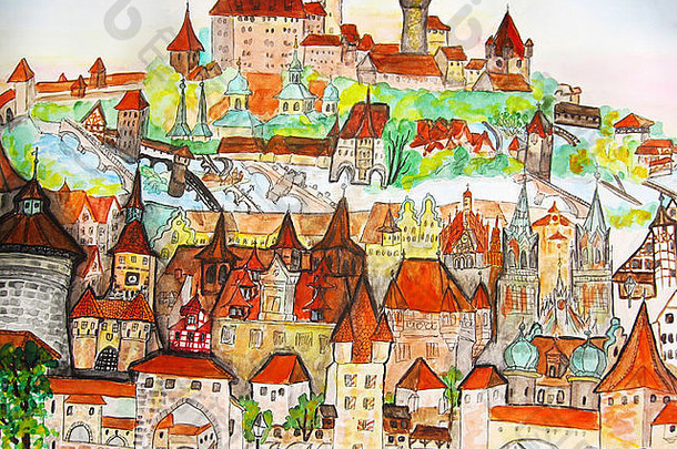 手画图片水彩画绘画小镇纽伦堡德国