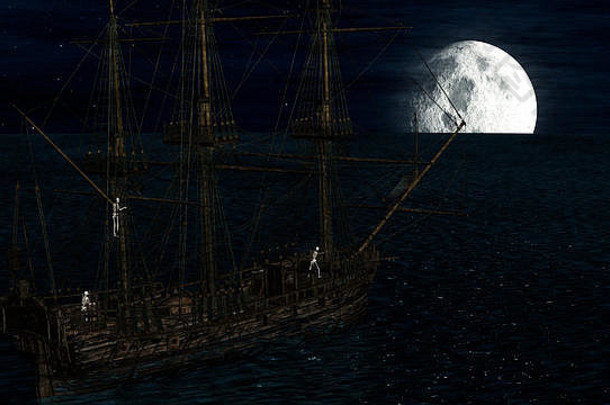 骨架鬼帆船背景白色月亮呈现