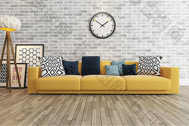 生活房间轿车室内设计大墙黄色的座位沙发图片帧看呈现