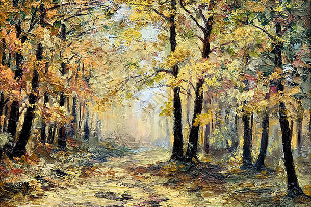 石油绘画景观秋天森林完整的下降叶子色彩斑斓的图片摘要画壁纸树装饰