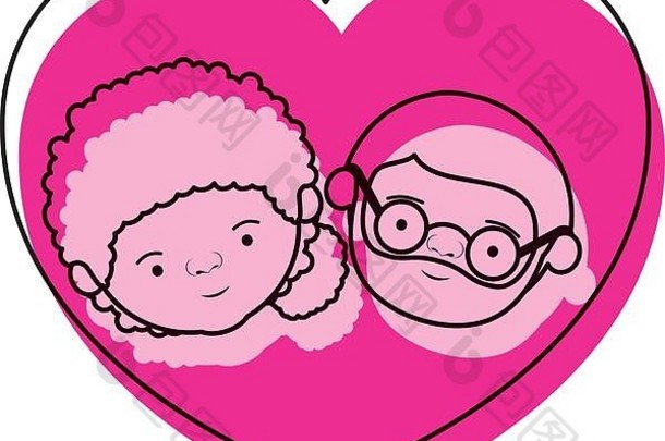 水彩粉红色的轮廓心形状问候卡漫画脸祖母一边好头发有胡子的祖父眼镜