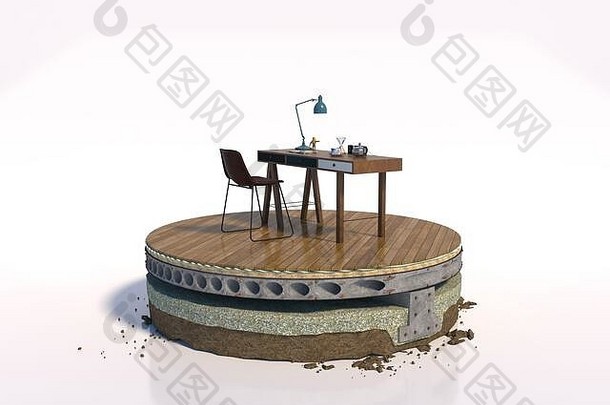 概念上的设计钢筋混凝土地板上绝缘木条镶花之地板减少圆前扶手椅咖啡表格