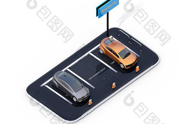 黄色的微型汽车智能手机孤立的白色背景等角视图车分享概念呈现图像