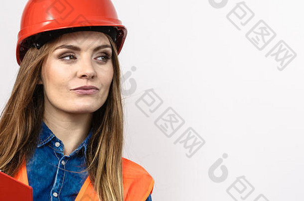 女人建设工人构建器结构该文橙色背心红色的硬头盔持有笔文件垫<strong>安全</strong>工业工作工作室拍摄