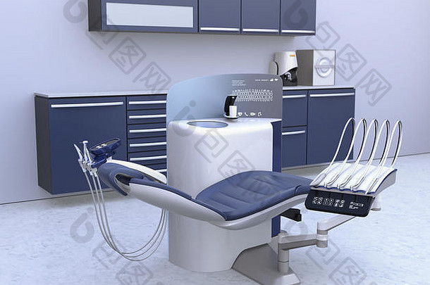 牙科办公室室内金属蓝色的单位设备内阁呈现图像