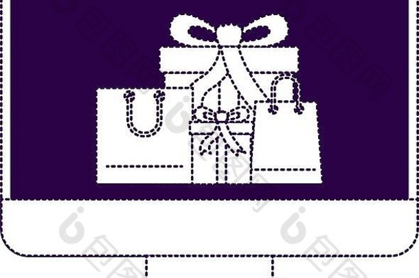 桌面电脑前面视图礼物盒子购物袋屏幕紫色的虚线轮廓