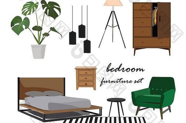 卧室家具集室内设计首页元素集合情绪董事会设计师丹麦斯堪的那维亚现代现实的床上植物三脚架灯