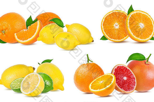 柑橘类水果集橙色葡萄柚石灰柠檬孤立的白色背景