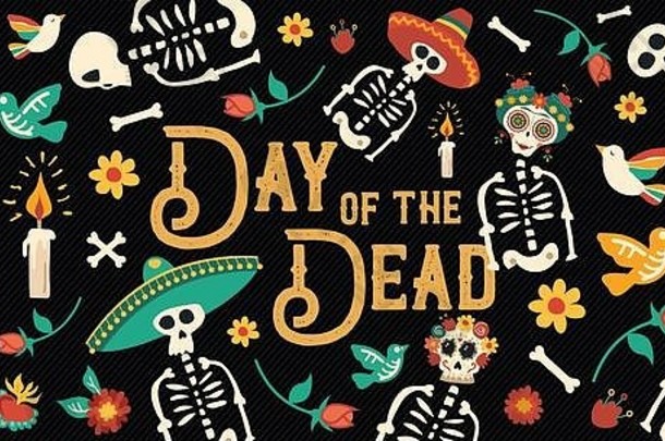 一天死糖头骨横幅墨西哥庆祝活动传统的墨西哥骨架装饰排版色彩斑斓的艺术