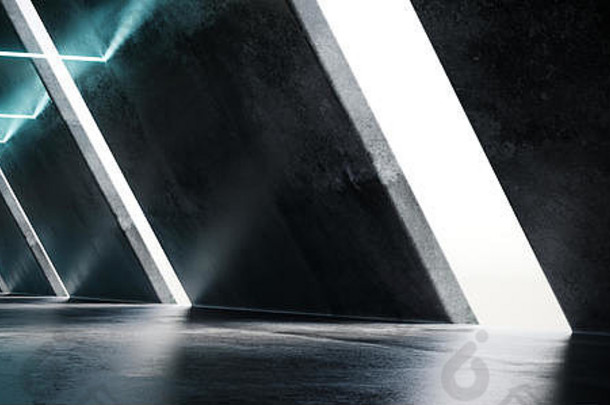 未来主义的现代科幻宇宙飞船混凝土长走廊白色带孔发光的霓虹灯<strong>蓝色</strong>的管反射呈现树脂