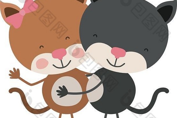 色彩斑斓的漫画夫妇小猫拥抱