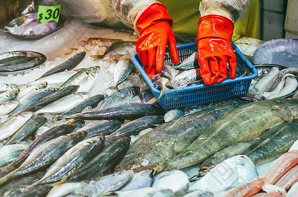 新鲜的鱼摊位在香港香港湿市场