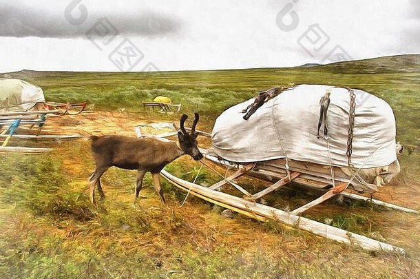 驯鹿游牧民族的传统的营极地乌拉尔色彩斑斓的绘画图片