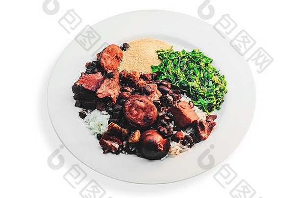 豆典型的巴西厨房豆白色菜白色大米黑色的豆子香肠猪肉肉培根炖酝酿manioc面粉