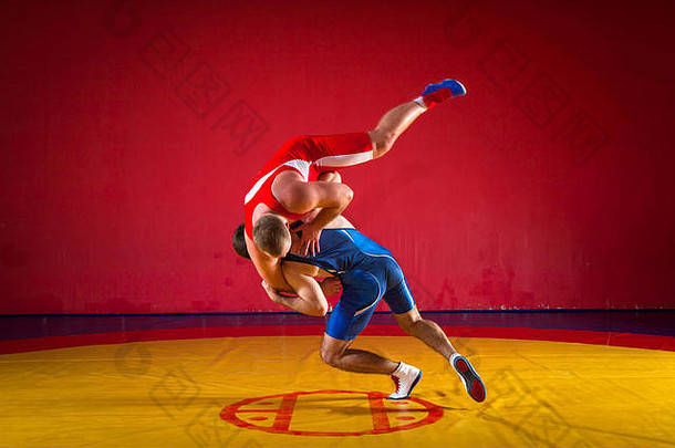 年轻的但摔跤手蓝色的红色的摔跤连裤袜wrestlng使臀部扔黄色的摔跤地毯健身房sied视图