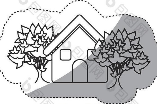 贴纸单色轮廓房子树