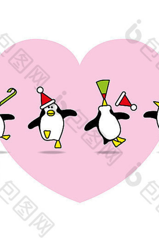 快乐企鹅穿圣诞老人帽子跳舞粉红色的心背景