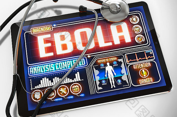 埃博拉<strong>病毒</strong>显示医疗平板电脑黑色的听诊器白色背景