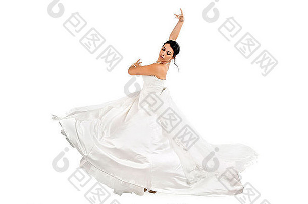 美丽的新娘跳舞孤立的白色