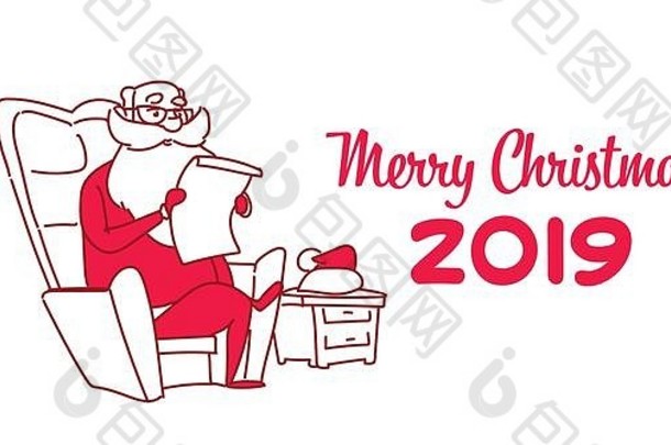 圣诞老人老人读快乐圣诞节列表一年庆祝活动概念草图涂鸦水平