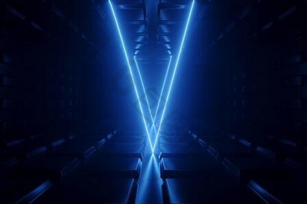 sci未来主义的金属反光示意图变形主板地板上现实的现代霓虹灯发光的激光三角形弧梁蓝色的电形状电磁脉冲