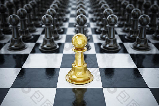 黄金国际象棋兵standingin前面黑色的国际象棋块插图