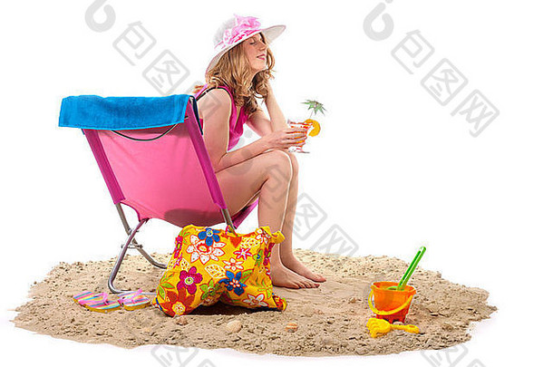 海滩粉红色的椅子女人孤立的白色背景
