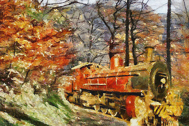 橙色蒸汽火车开车森林石油绘画卡米尔风格