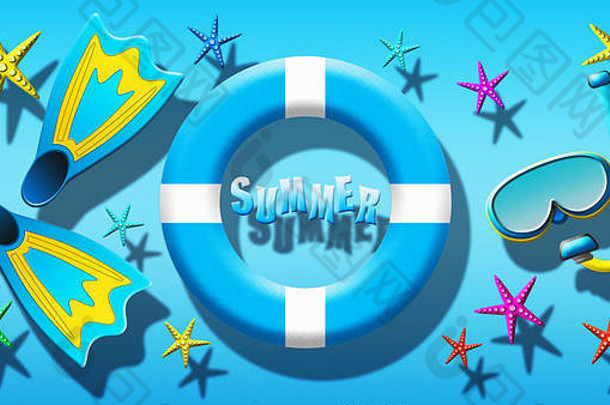 夏天假期游泳池潜水面具鳍状肢安全环浮动蓝色的水表面