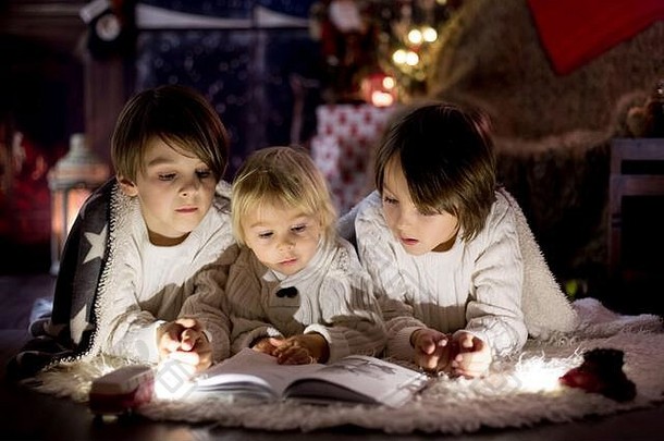 孩子们男孩兄弟阅读书首页晚上圣诞节晚上说谎地板上