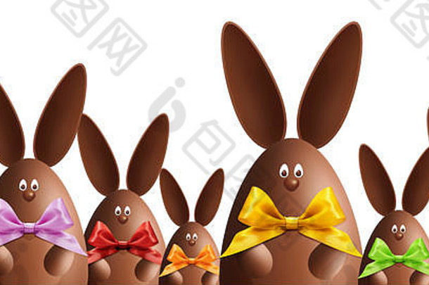 快乐复活节巧克力小兔子丝带弓颜色孤立的白色背景