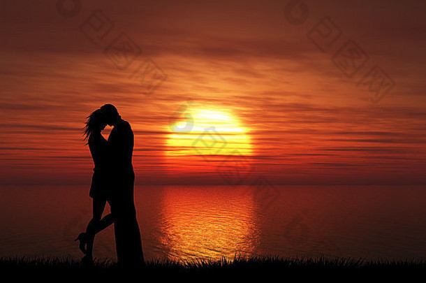 轮廓夫妇接吻日落天空