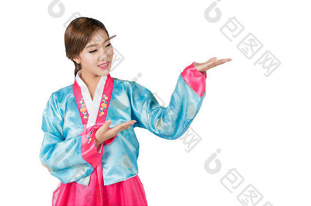朝鲜文女人韩服传统的朝鲜文衣服手势开放手复制空间产品文本白色背景剪裁路径