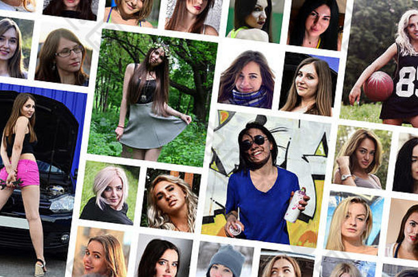 拼贴画集团肖像年轻的高加索人女孩社会媒体网络集轮女图片孤立的白色背景
