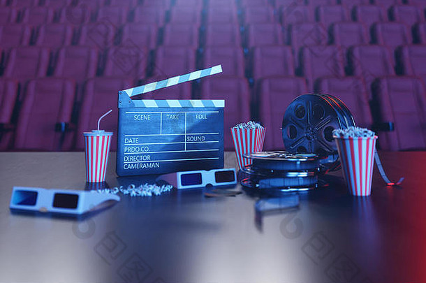 电影电影看作文眼镜电影克拉珀电影卷爆米花幻灯片电影概念xxx蓝色的光红色的椅子
