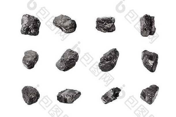 黑色的煤炭石头集白色背景孤立的关闭自然木炭块集合无烟煤岩石纹理生煤炭我的掘金集团