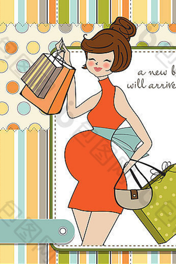 婴儿公告卡美丽的怀孕了女人购物