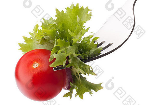 新鲜的沙拉樱桃番茄叉孤立的白色背景断路健康的吃概念