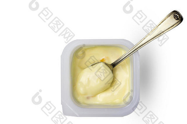 奶油黄色的杏桃子酸奶塑料杯小银勺子前视图图像水果酸奶能孤立的白色后台