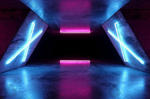 未来主义的sci现代现实的霓虹灯发光的紫色的粉红色的蓝色的领导激光光管难看的东西粗糙的混凝土反光黑暗空隧道走廊