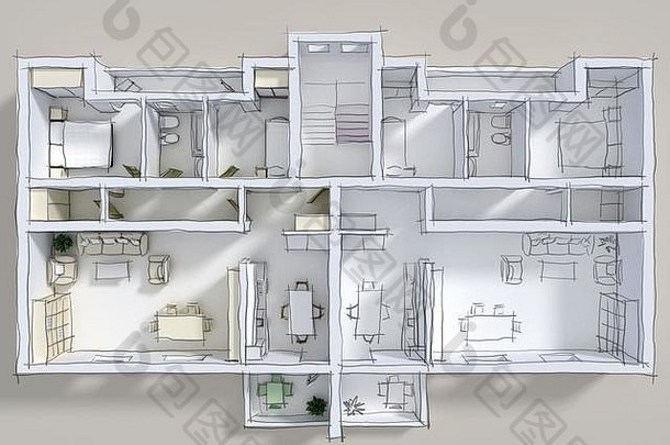 室内呈现插图双有家具的公寓徒手画的勾勒出行