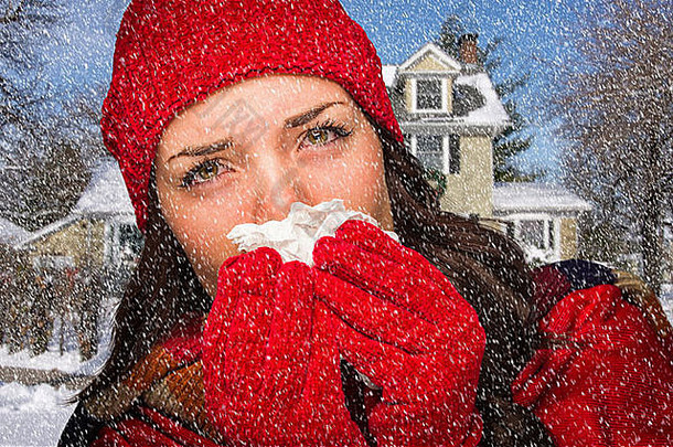 悲惨的生病的女人下降雪吹痛鼻子组织