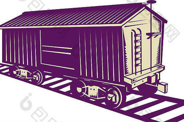 插图货车车厢货物火车复古的木刻风格查看一边